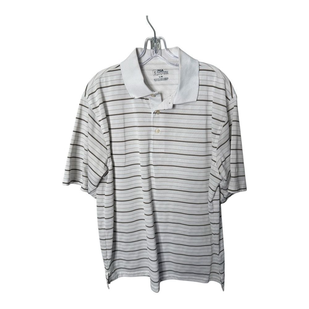 PGA golf tour polyester golf polo white brown tan stripes large men’s